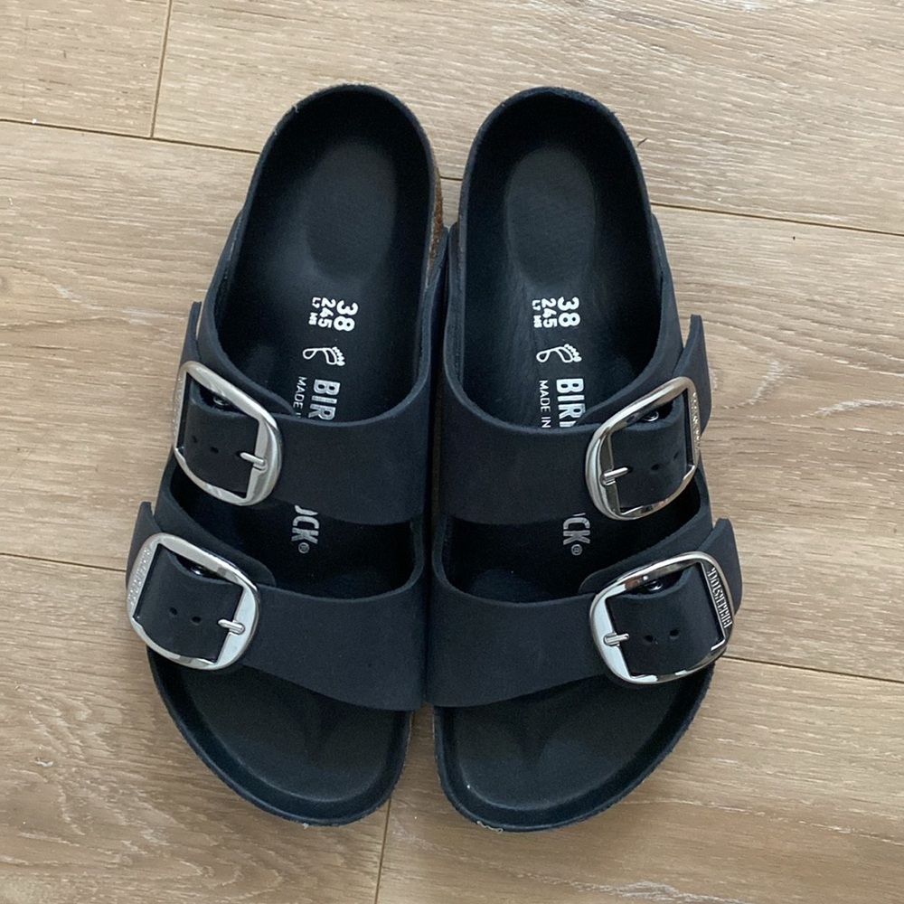 Birkenstock Big Buckle Black and Silver Leather Sandals Slides Size 8